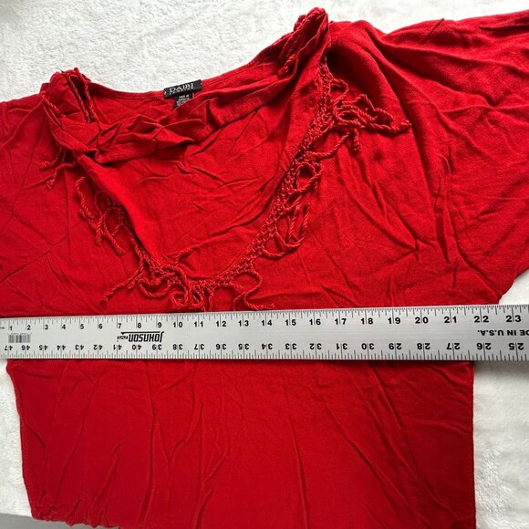 Dairi Fashion Womens Red Fringe Cowl Neck 3/4 Dolman Sleeve Top Loose Fit Casual - Picture 6 of 7